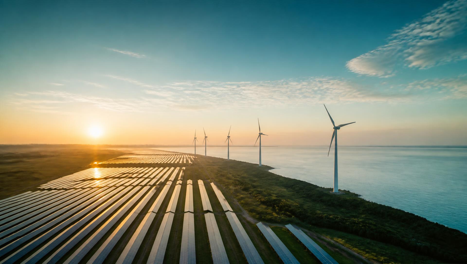 Aerial view of a coastal solar farm and wind turbines at sunrise